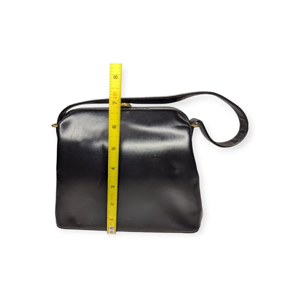 Vintage Leather Black Handbag with Gold Tone Metal Clasp Closure Leather Lined - Picture 14 of 16